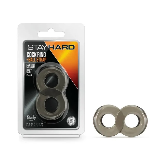 Black Stay Hard cock ring and ball strap beside package