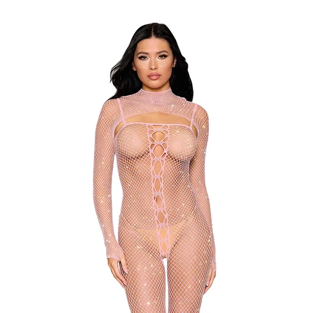 close front view of pink fishnet bodystocking and openwork center panel