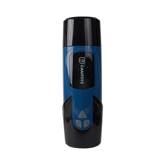 Camtoyz Dynamo blue and black masturbator upright front view of cylindrical body