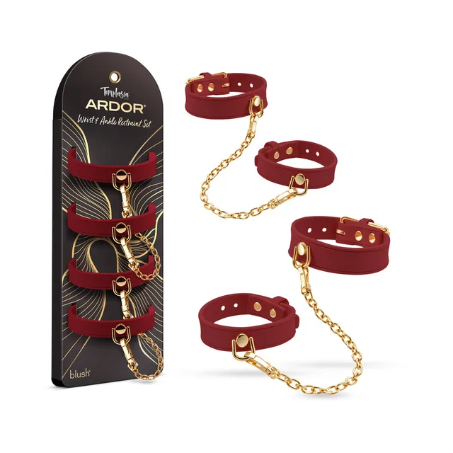 Temptasia Ardor red wrist and ankle restraints with black retail display card