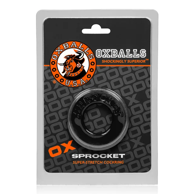 OxBalls Sprocket Black Textured Ring in hanging package