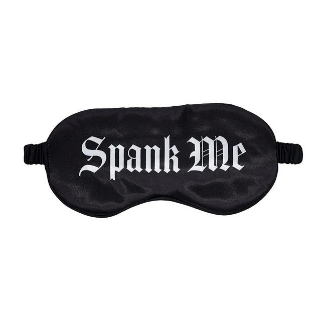 Black Ouch satin blindfold printed with white Spank Me lettering