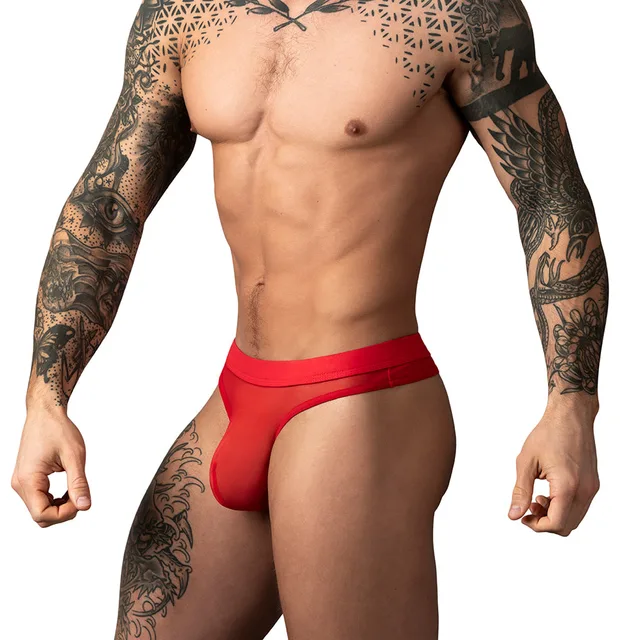 Male Power Mesh 2.0 Bong Thong in red size S/M worn from the front to show the red mesh pouch and waistband