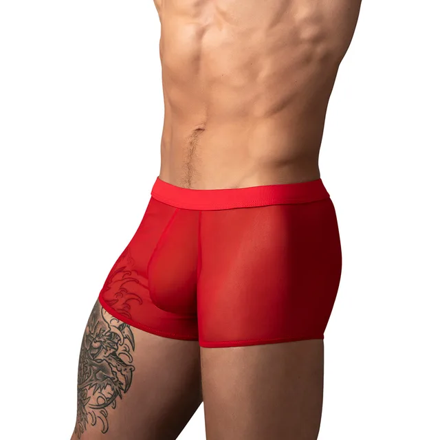 Male Power Mesh 2.0 Mini Short in red size XL worn from the front to show the red mesh pouch