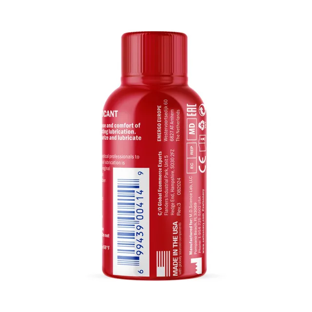 Back of red 1 oz Swiss Navy Silicone Lubricant bottle