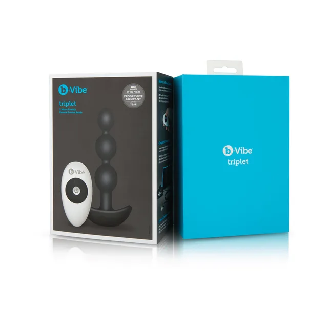 b-Vibe Triplet Black Silicone Beads front retail carton beside blue presentation box