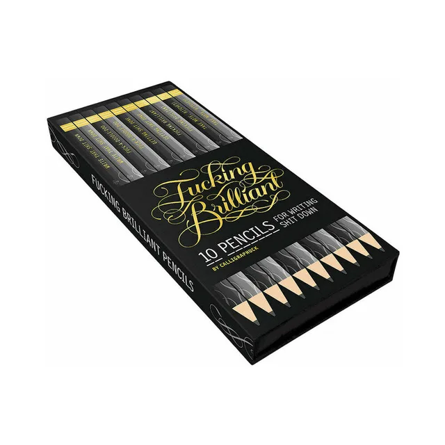 open black Fucking Brilliant box with ten black and gray pencils