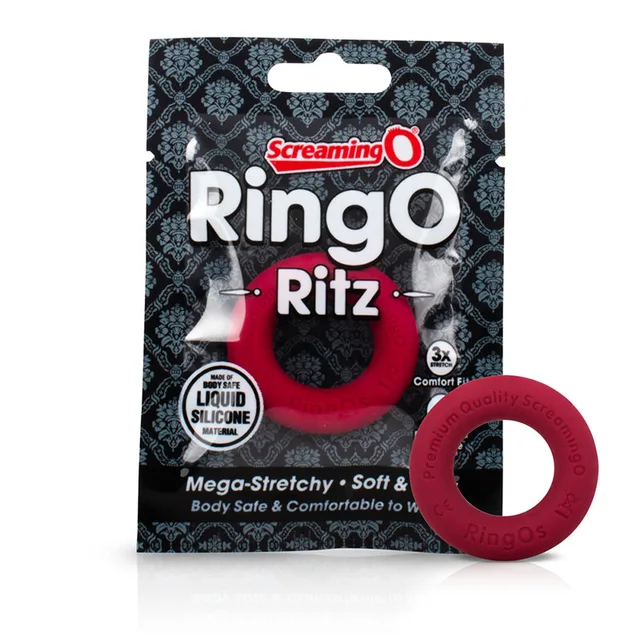 Red Screaming O RingO Ritz thick silicone ring beside retail package