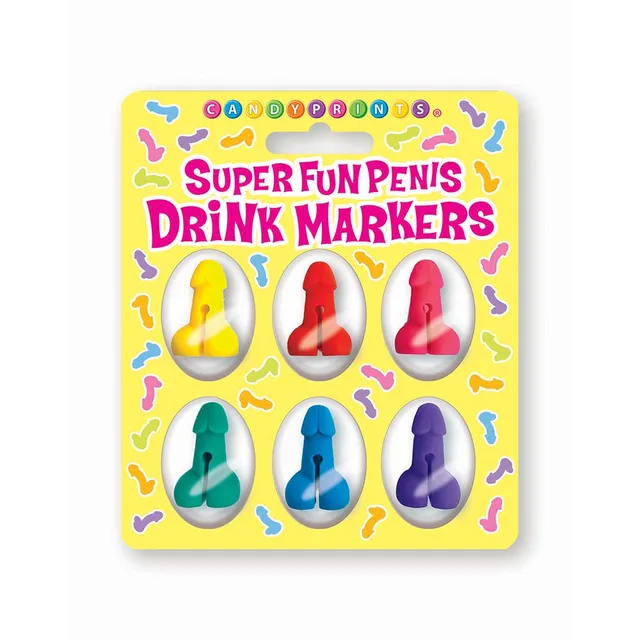 six colorful penis-shaped drink markers arranged on yellow card