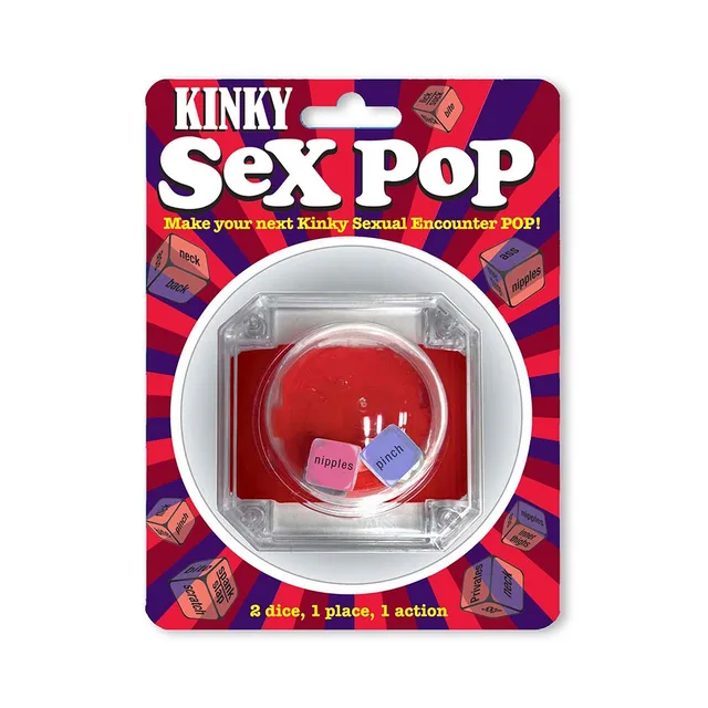 Kinky Sex Pop clear two-dice popper on red and purple hanging card