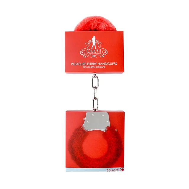 Red Ouch Pleasure furry metal handcuffs in clear-front retail package