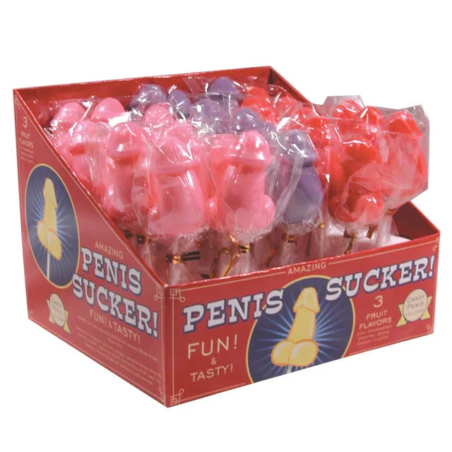 Red Penis Sucker display carton filled with wrapped lollipops