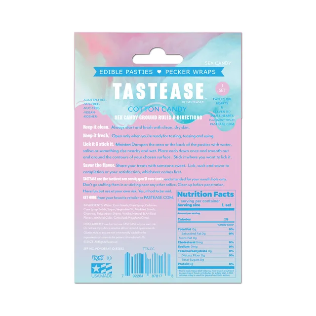 Rear panel of Tastease Cotton Candy pasties package
