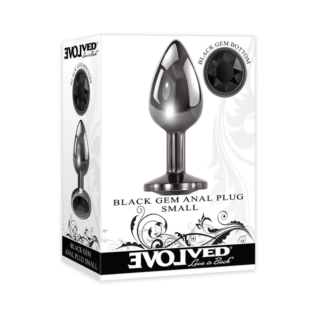 Small Evolved Black Gem plug beside white retail box
