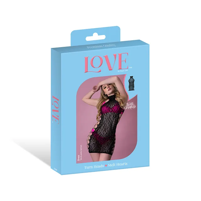 Magic Silk seamless black cutout mini dress displayed in blue retail packaging