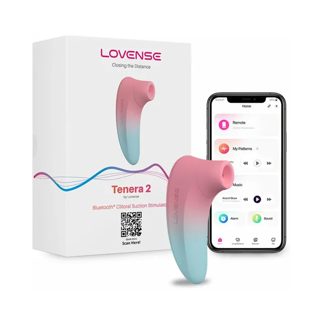 pink and blue Lovense Tenera 2 beside white box and Remote App phone screen