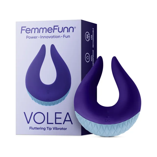 Dark-purple FemmeFunn Volea vibrator with retail box