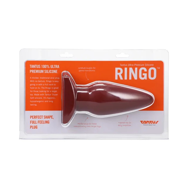 Tantus Ringo Crimson plug displayed in clear and orange retail pack