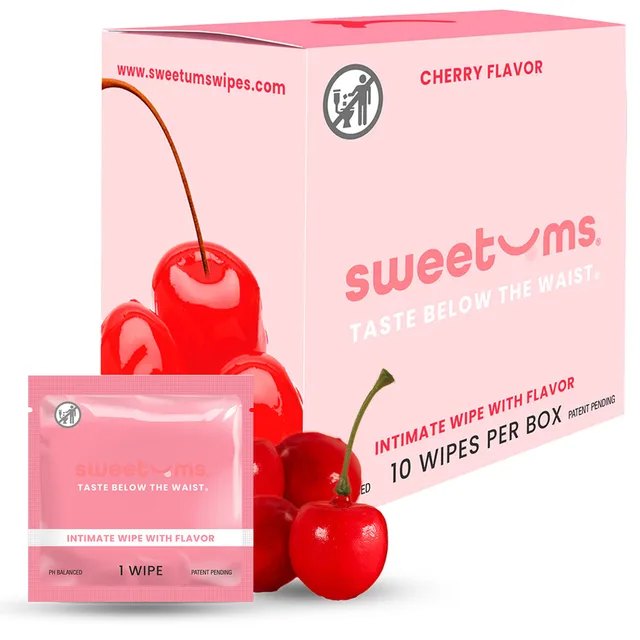 Sweetums Cherry intimate wipes box, single packet and cherry artwork
