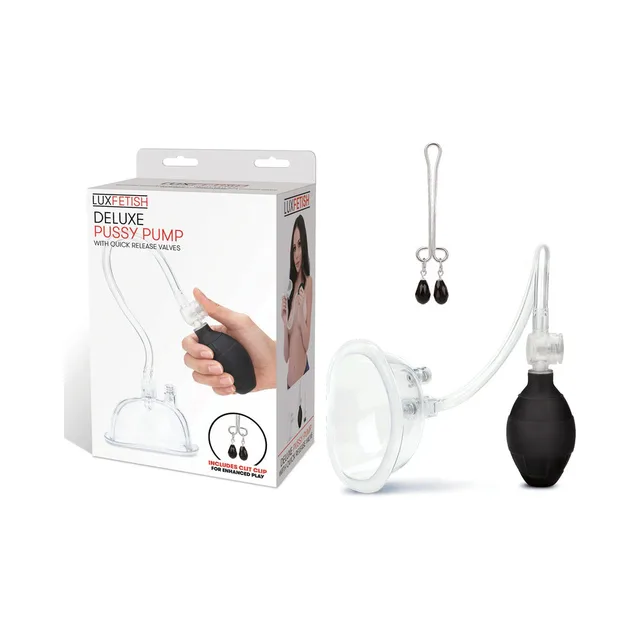 Lux Fetish Deluxe clear pump system beside white retail box