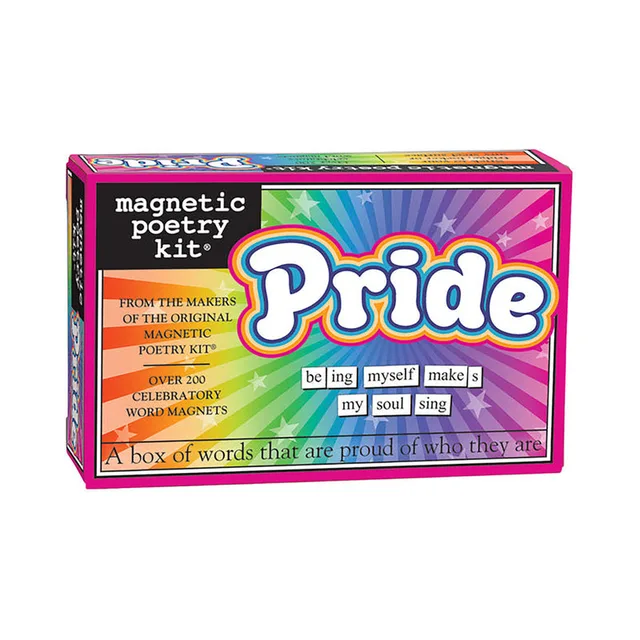 rainbow Magnetic Poetry Pride Edition box with colorful lettering and sample words