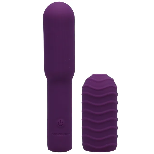 Purple rechargeable bullet beside removable ribbed silicone sleeve