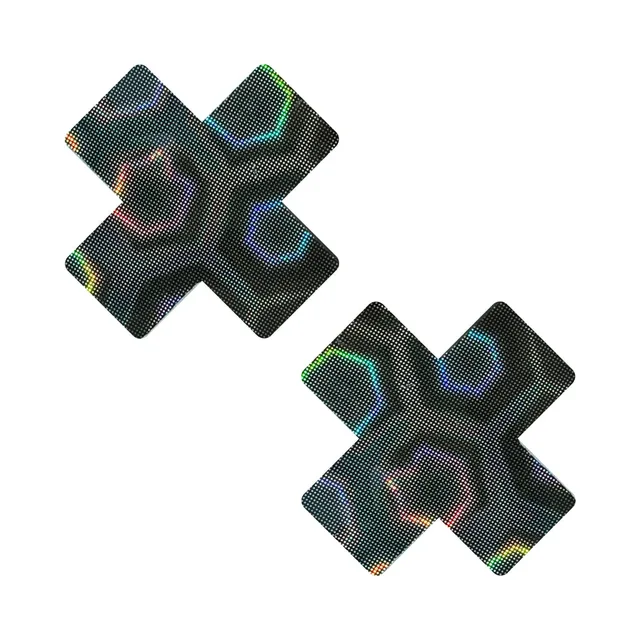 pair of black X-shaped nipple pasties with dotted surface and holographic colored rings