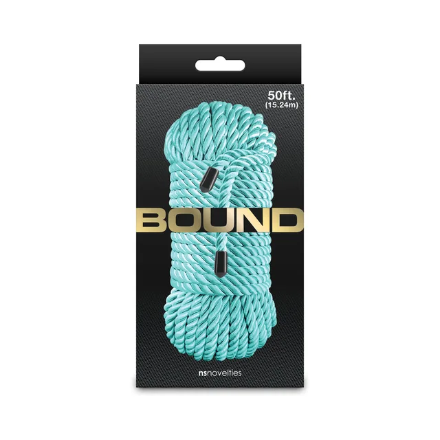 NS Novelties Bound 50 ft green rope coiled inside the black hanging retail sleeve