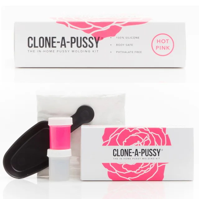 Clone-A-Pussy Hot Pink Molding Kit white pink carton with black vessel pink component and packets