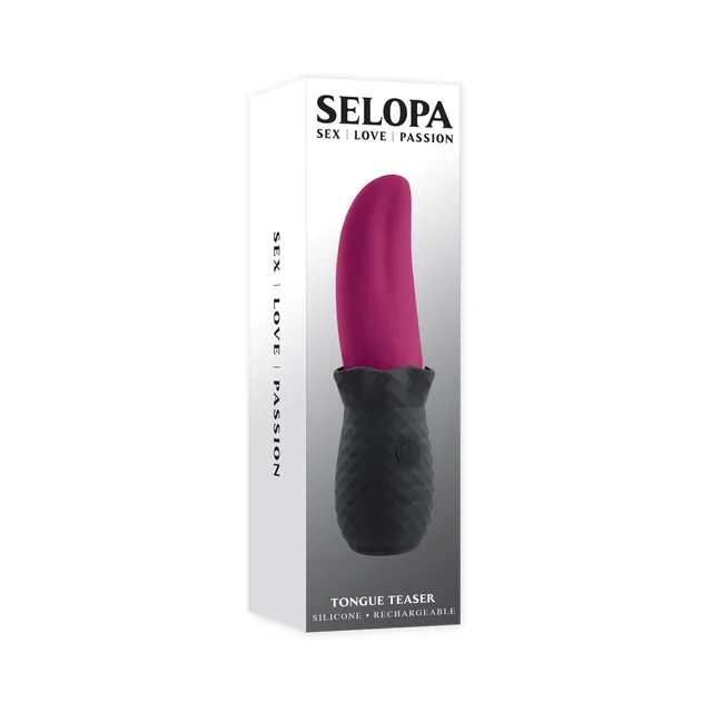 Selopa Tongue Teaser retail box with pink tongue and black handle
