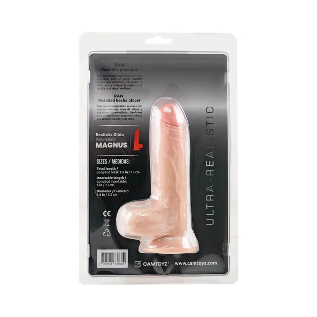 Camtoyz Magnus beige 7.5-inch dildo rear of clear blister packaging