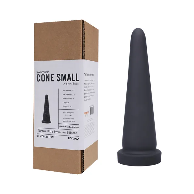 Black Tantus Cone Small dildo beside labeled brown box