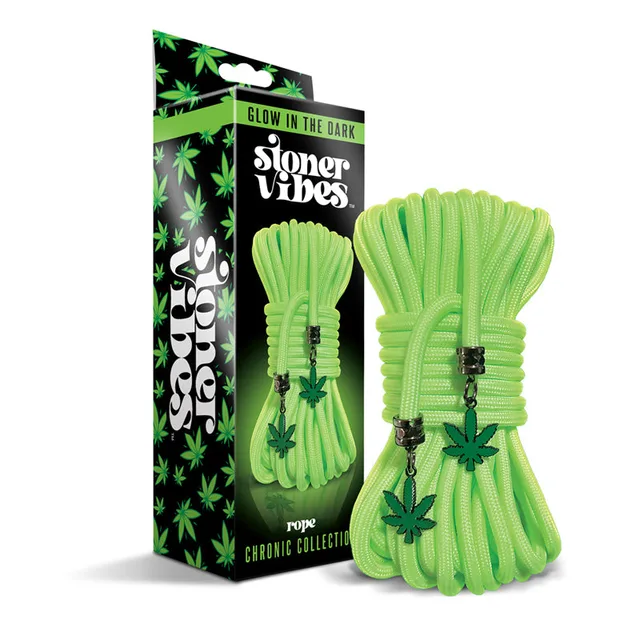 Stoner Vibes green rope bundle and cannabis charms beside box