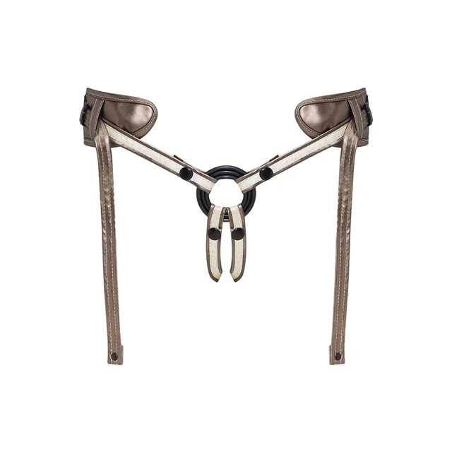 Lovely Planet Desirous bronze leatherette strap-on harness flat front view with adjustable straps and center O-ring