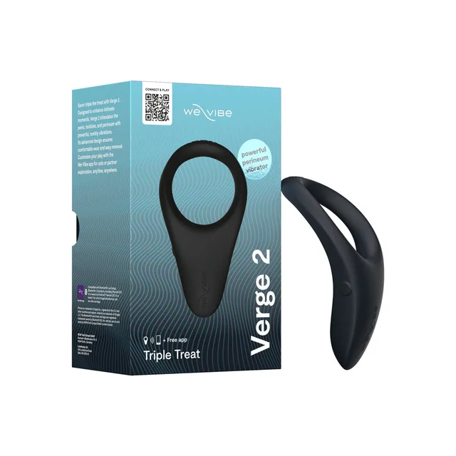 Black We-Vibe Verge 2 vibrating cock ring beside teal retail box