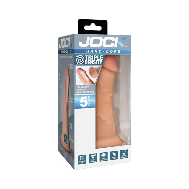 JOCK Hard-Core 5-inch triple-density dildo visible through blue retail box