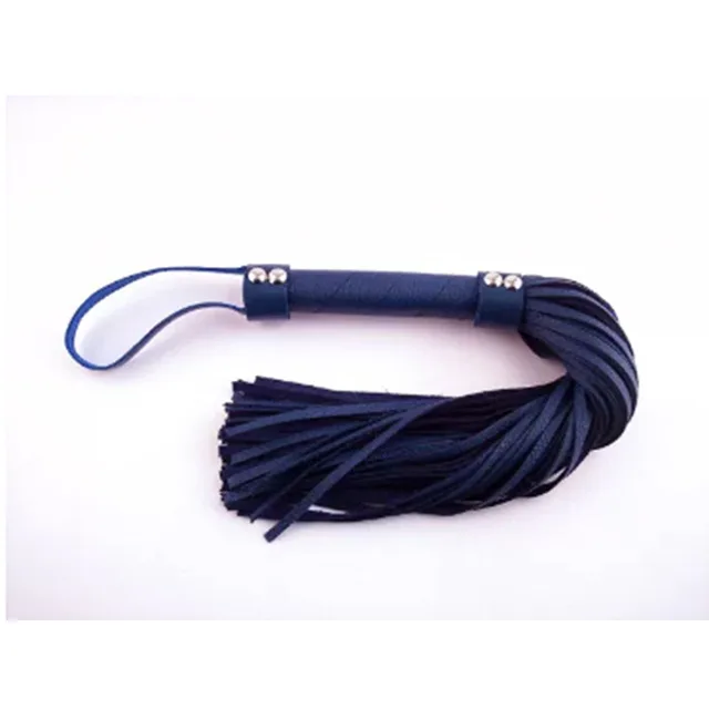 Rouge Blue Leather H-Style Flogger blue wrapped handle with wrist loop and bundle of flat falls