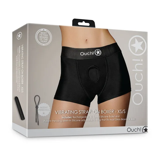 Shots Ouch black XS/S vibrating strap-on boxer front retail box