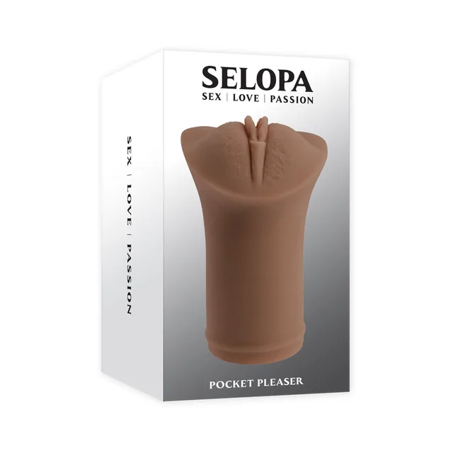 dark-tone Selopa Pocket Pleaser stroker pictured in white box