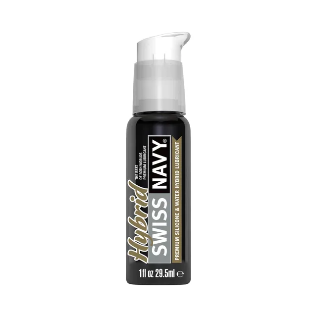 black 1 oz Swiss Navy Hybrid silicone and water lubricant pump bottle with clear cap