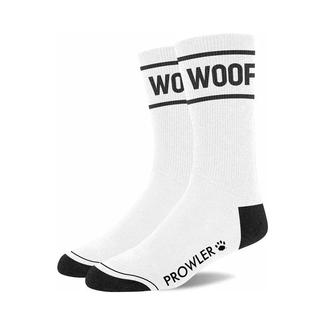 Prowler RED WOOF white cotton crew socks pair with black WOOF cuff lettering black heels and black toes