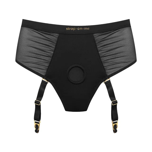 Strap-On-Me Idylle black garter harness size S flat front view with circular opening and four garter straps
