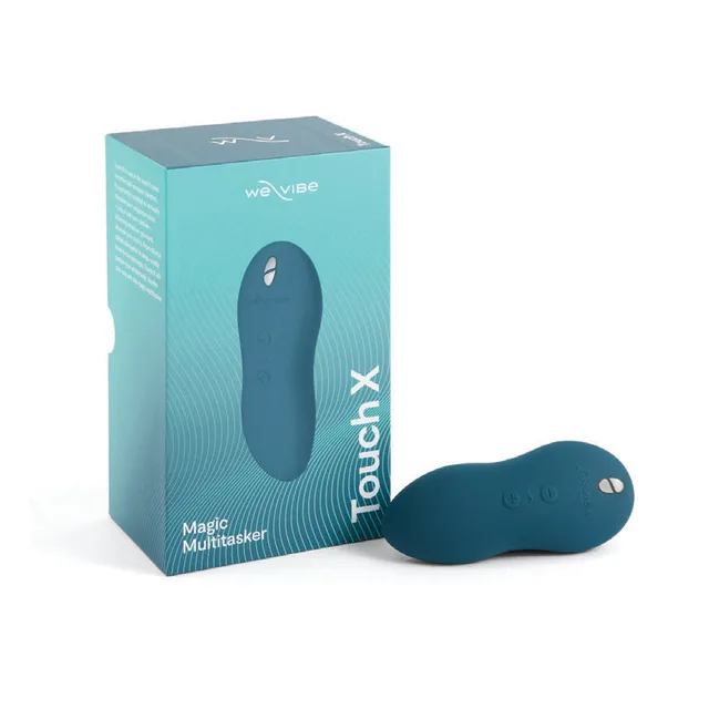 Green Velvet We-Vibe Touch X vibrator beside turquoise retail box