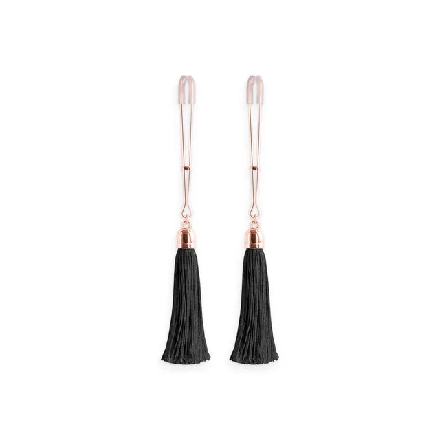 NS Novelties Bound T1 black tassel nipple clamps paired clamps with long black tassels