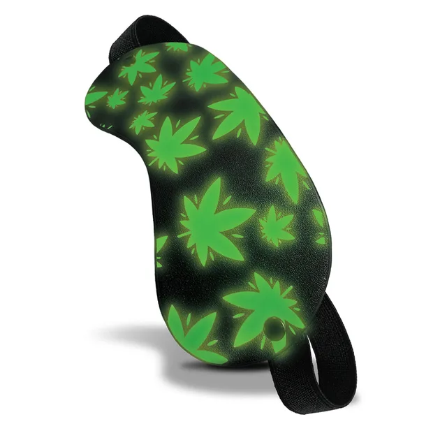 angled Stoner Vibes black blindfold with green leaf print and elastic strap