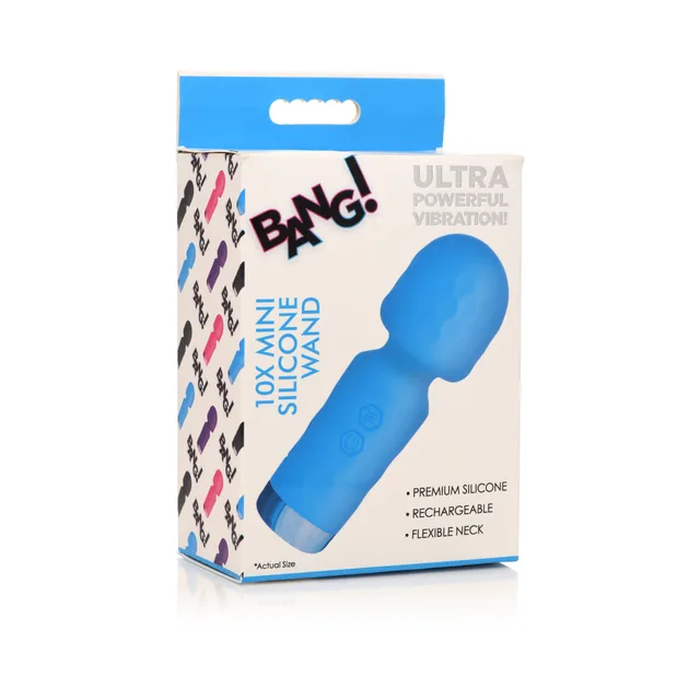 blue BANG 10X Mini silicone wand pictured on blue-trimmed retail box