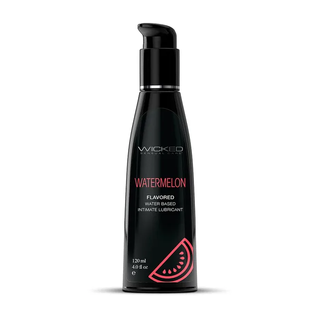 Wicked Aqua Watermelon 4 oz lubricant front of curved black bottle with pink lettering, watermelon graphic and pump dispenser