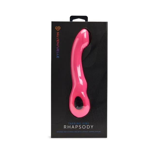 deep pink Nu Sensuelle Rhapsody tapping vibrator displayed inside a tall black box