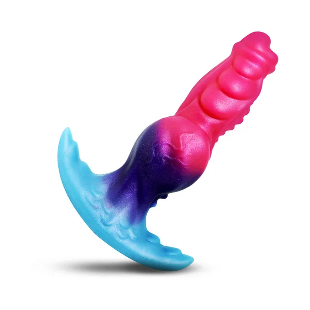 XR Brands Creature Cocks Cosmo Hound silicone butt plug upright view of the ridged pink shaft and blue curved base