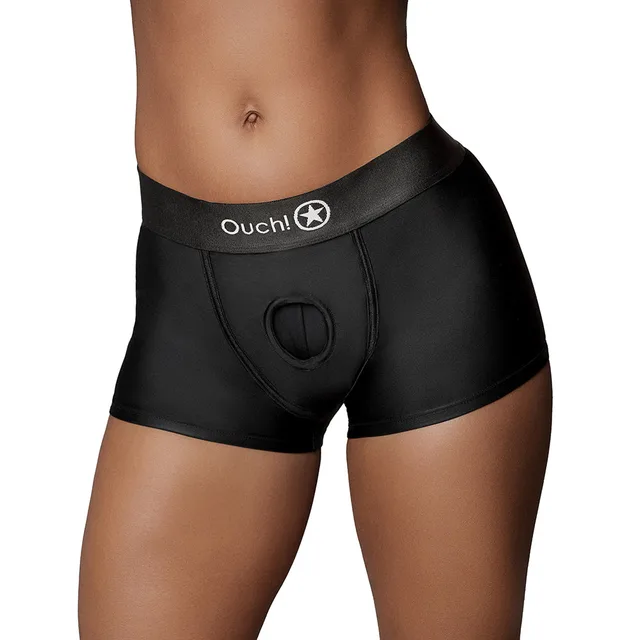 Shots Ouch black M/L vibrating strap-on boxer front worn view